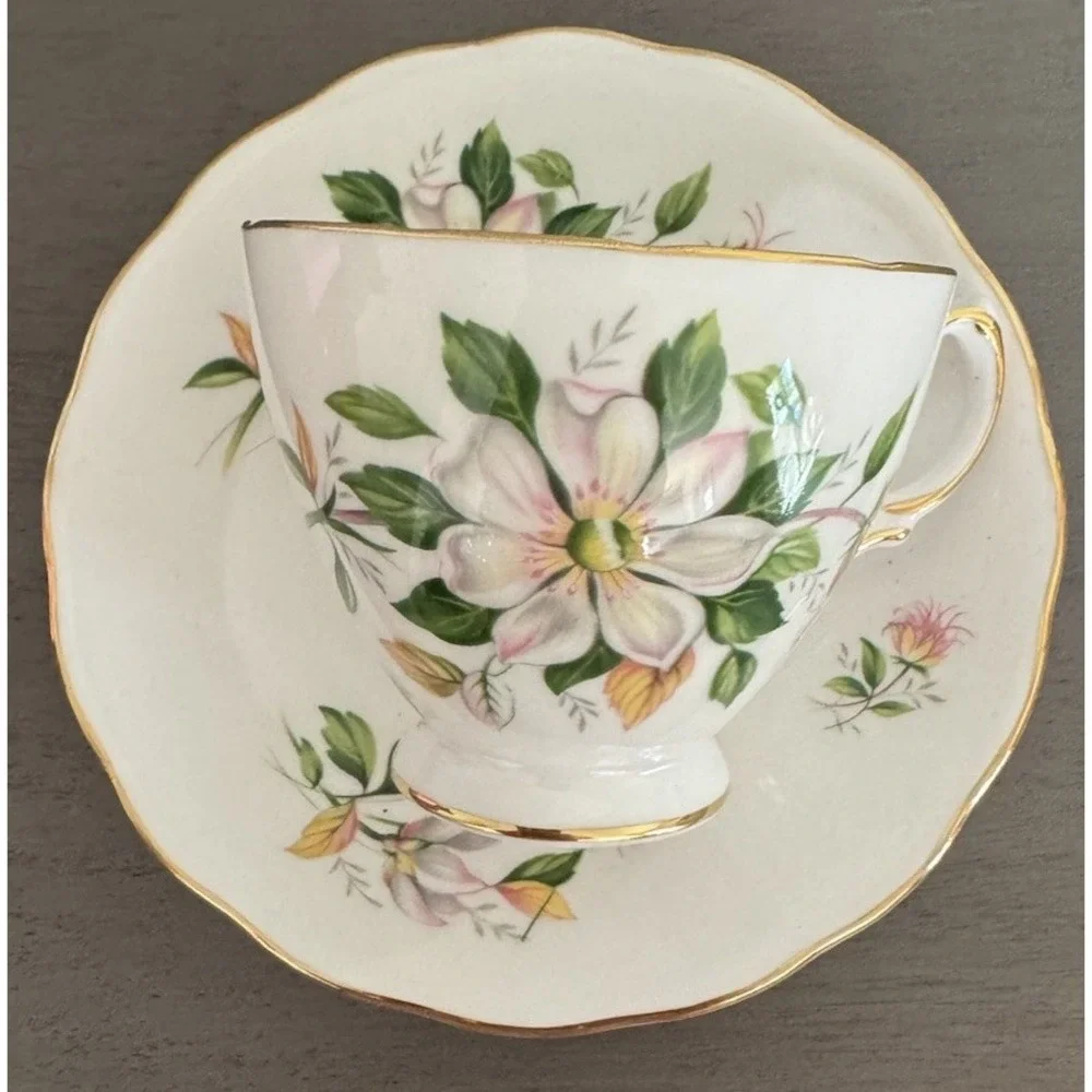 Royal Vale Bone China Cup and Saucer Set‎ Pink Green & White - England Vintage